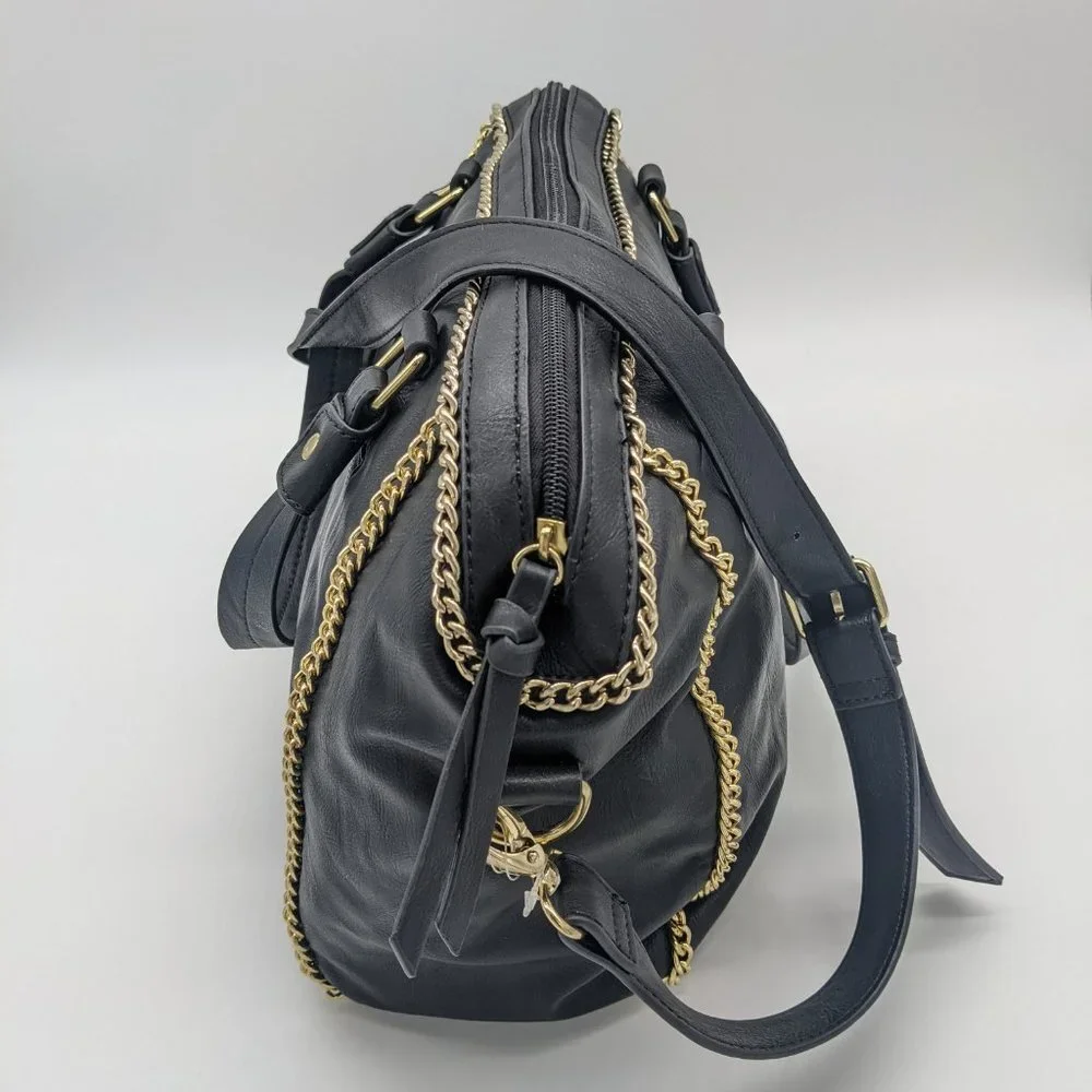 STEVE MADDEN Cheney faux-leather chain accent women's satchel crossbody - Black